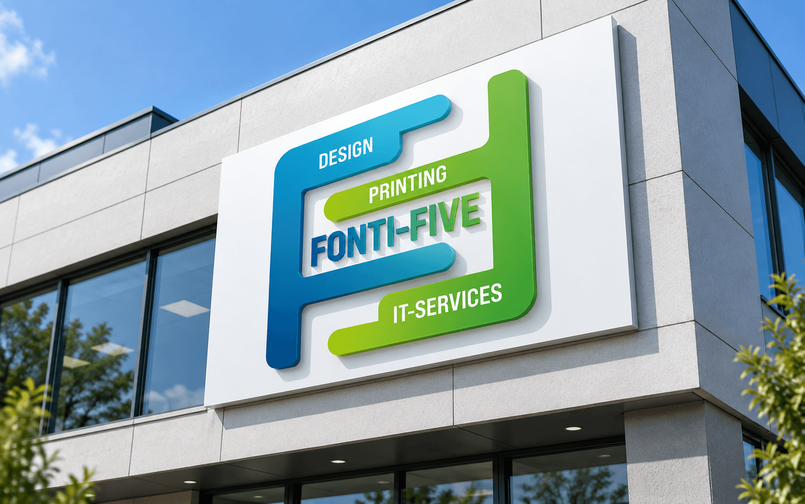 Fonti-Five céges hirdetőtábla modern épülethomlokzaton